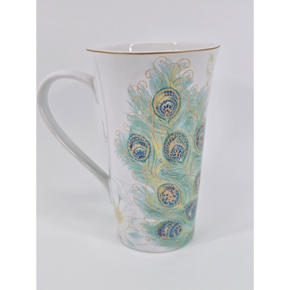222 Fifth Lakshmi Peacock Fine China Latte Mug Blue Gold White 6 inch
